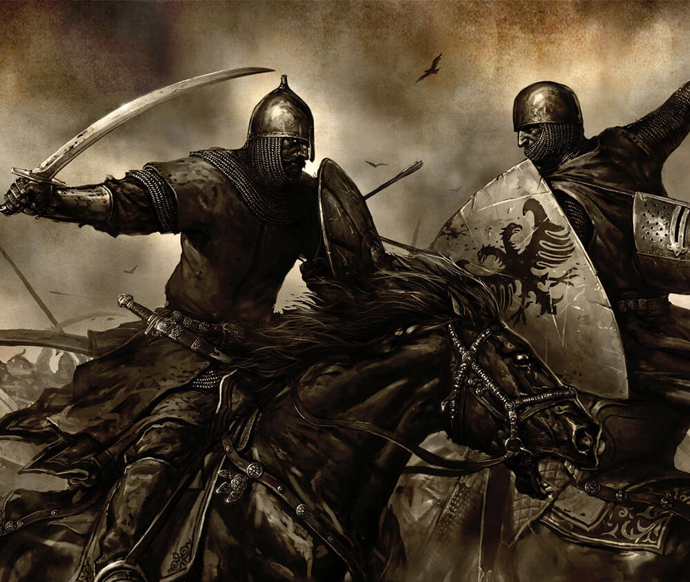 swordsmen on horseback, engaging in combat on a battlefield